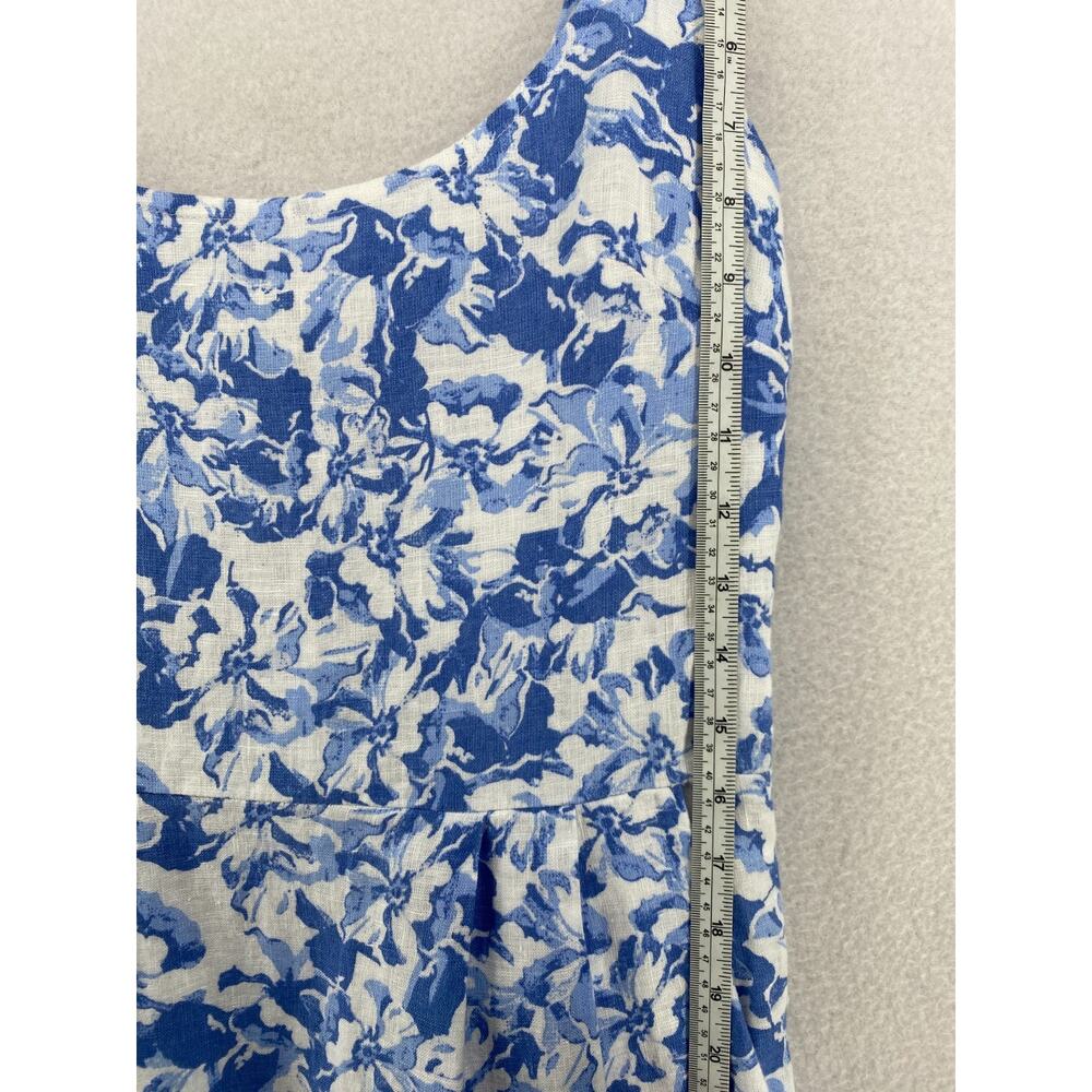 QUINCE Dress M Linen Scoop Neck Midi Sleeveless Floral Smocked Back Blue NEW - Picture 14 of 16